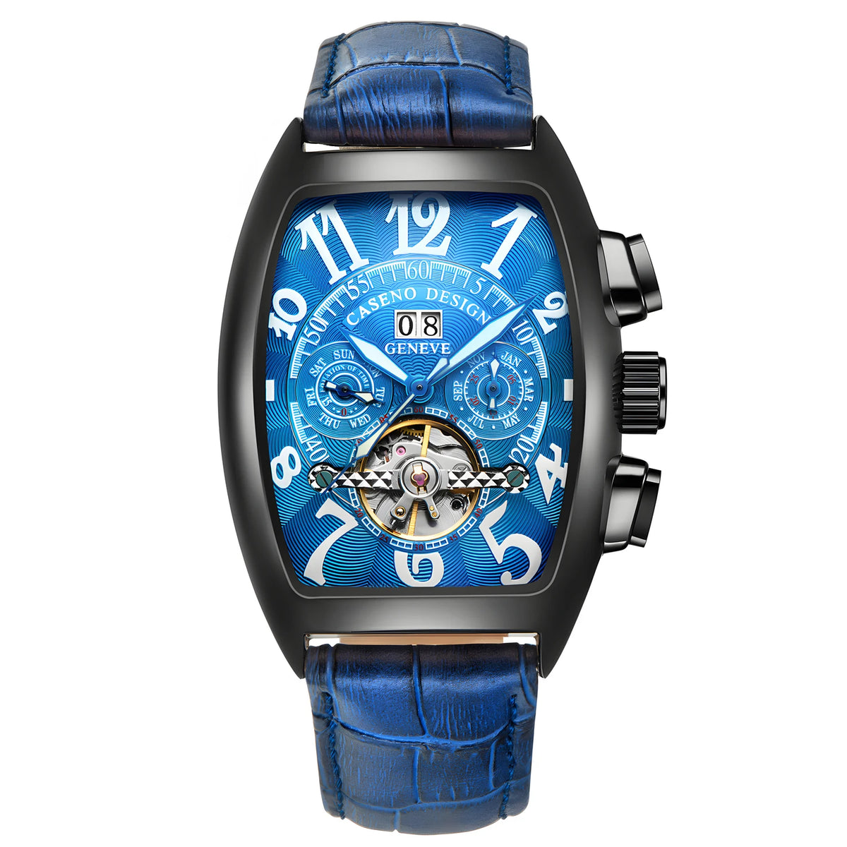 CASENO csúcsminőségű luxusmárka férfi teljesen automatikus mechanikus tourbillon karóra naptárral, éjszakai világítással, tonneau alakú, áttört karóra -577G