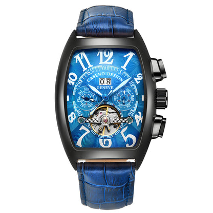 CASENO csúcsminőségű luxusmárka férfi teljesen automatikus mechanikus tourbillon karóra naptárral, éjszakai világítással, tonneau alakú, áttört karóra -577G