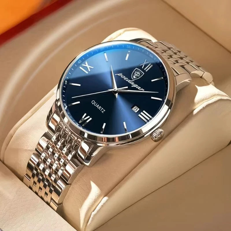 Relógio de pulso masculino POEDAGAR Business Quartz, aço inoxidável, resistente à água, data iluminada, relógio de pulso de luxo casual para homem
