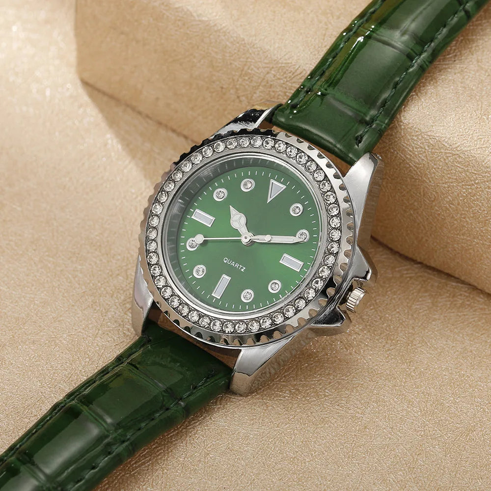 Ladies Luxury Diamond Branded Quartz Watch Fashion 2025 New Simple Green Leather Women's Dress Clock Watch DDP