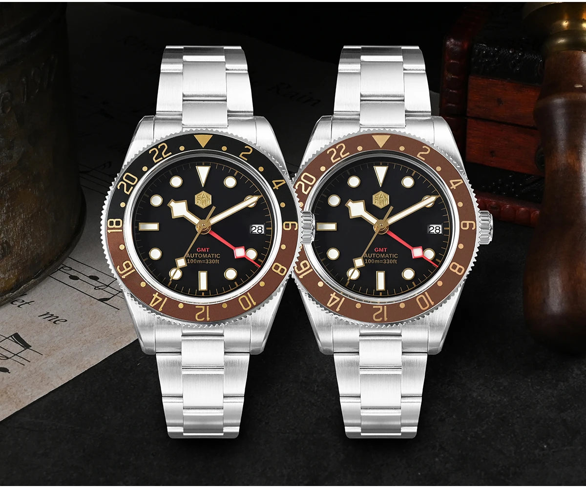 San Martin Root Beer Classic Vintage Luxury Men's Watch 39mm NH34 GMT Automatic Mechanical Watch Sapphire Waterproof 100m SN0109