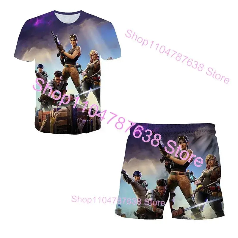 2PCS Suits F-Fortnited Victory 3D T-shirt Shorts Kids Tops Girls Boys Battle Royale Clothes Harajuku Tees Hero Children T Shirt