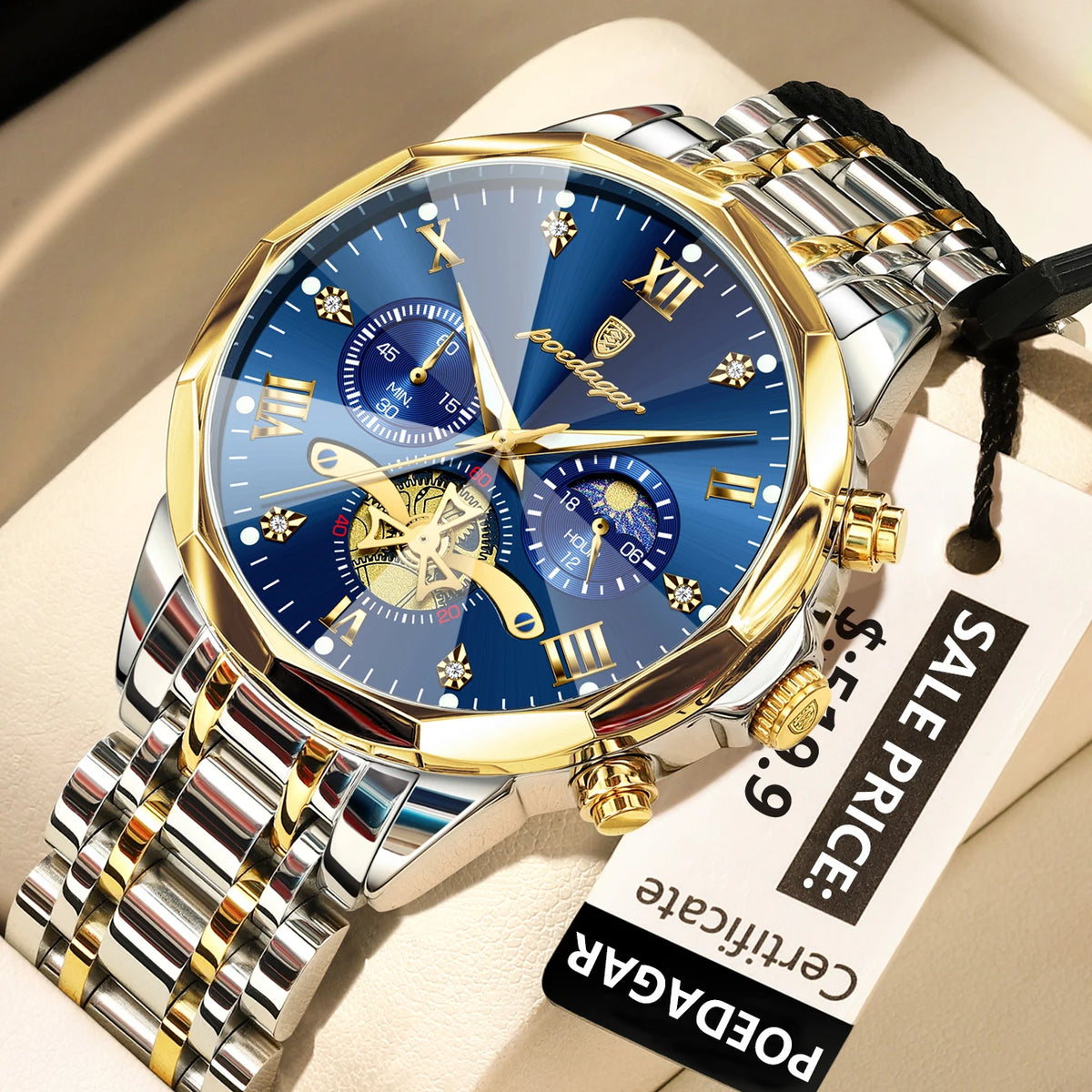 Montre homme de luxe POEDAGAR, chronographe lumineux étanche, en acier inoxydable, à quartz.