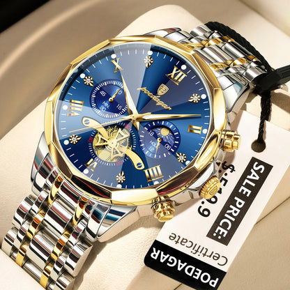 Montre homme de luxe POEDAGAR, chronographe lumineux étanche, en acier inoxydable, à quartz.