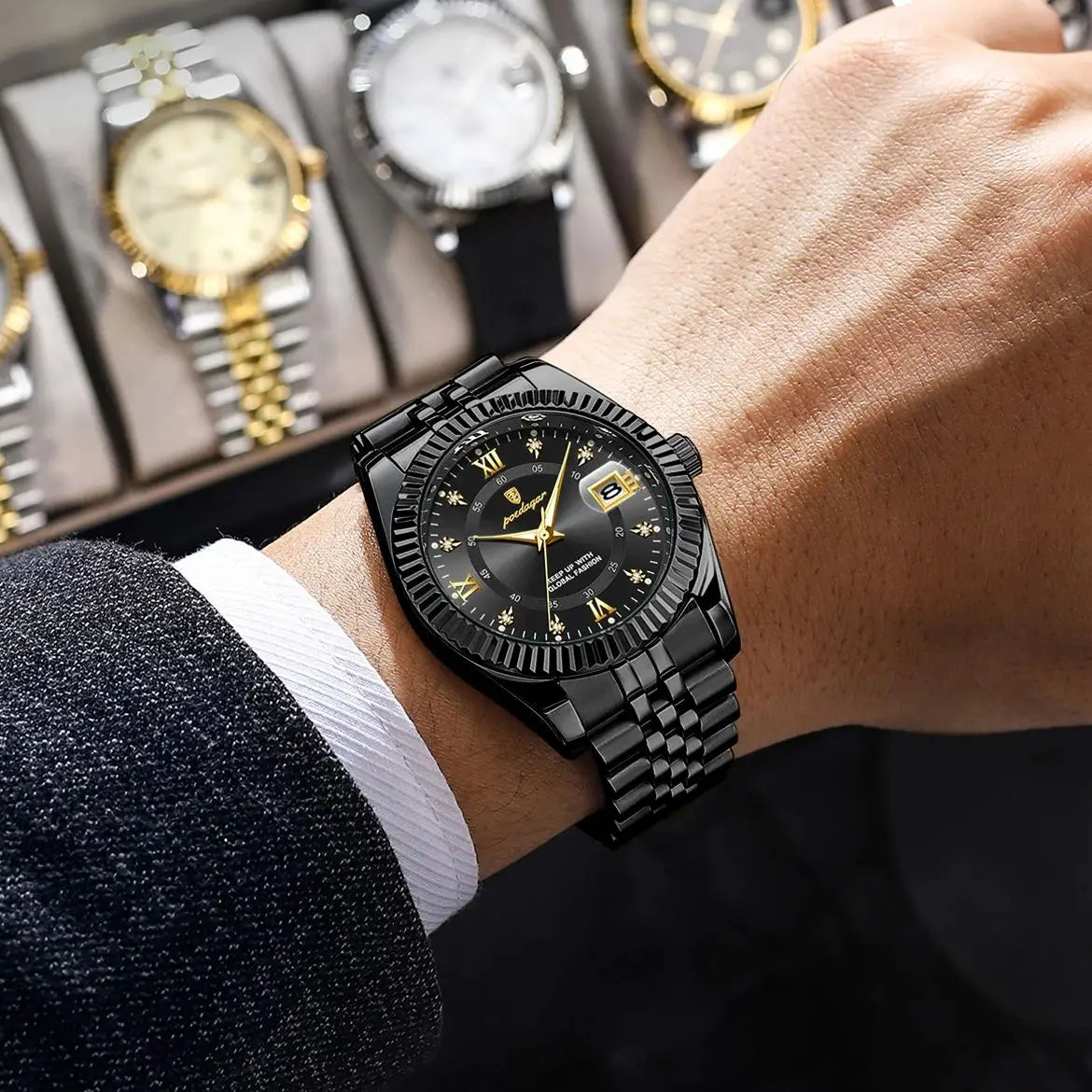 POEDAGAR men’s watch – Luxury model, water-resistant, stainless steel, with luminescent display, military style, date function, quartz movement, ideal for work or professional occasions.