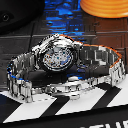 Montre squelette pour homme, style mode, ornée de pierres précieuses aux couleurs de l'arc-en-ciel, dotée d'un tourbillon; montre mécanique automatique de luxe, étanche jusqu'à 30 mètres.