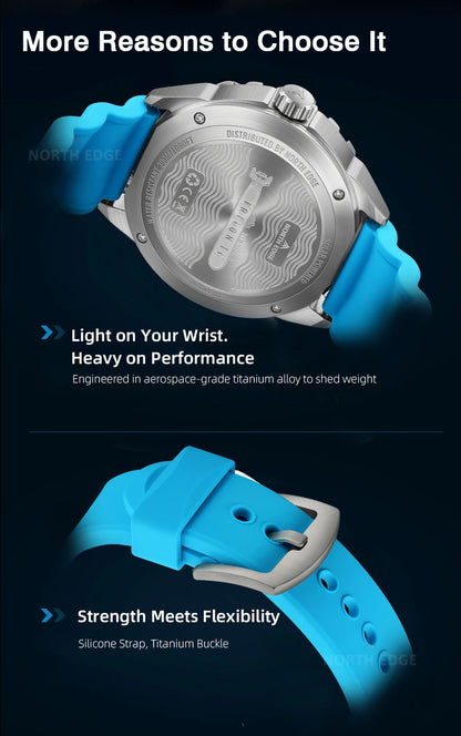 NORTH EDGE NEW+ TRITON-TI titán napelemes búváróra, luxus kvarc karóra férfiaknak, 300 m vízállóság, 180+ napos üzemidő