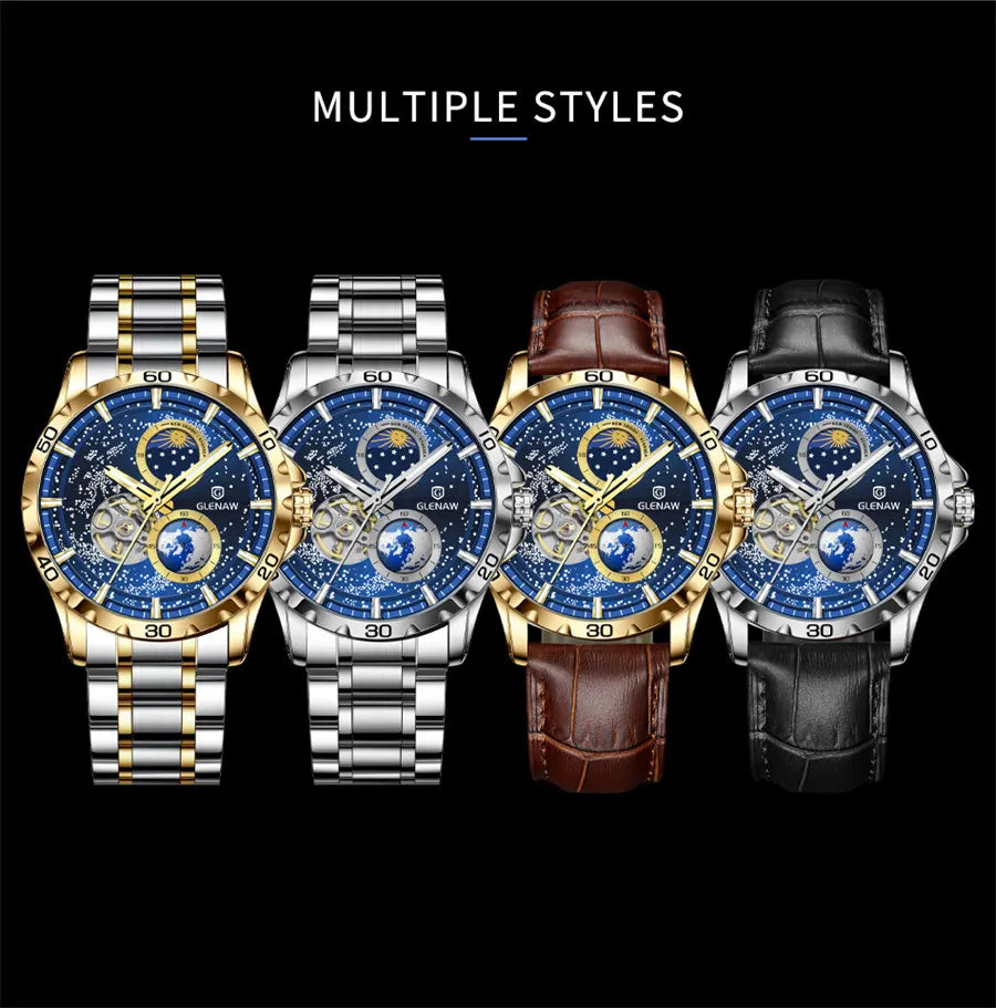 GLENAW Rotating Earth Double Second Hand WristWatch Men Automatic Mechanical Watch Starry Sky Stainless Steel Leather Watchband