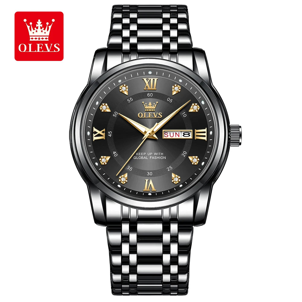 OLEVS 5513 men’s quartz watch – Steel bracelet, water-resistant, backlit display, date and day of the week – Elegant and luxurious watch, original men’s model