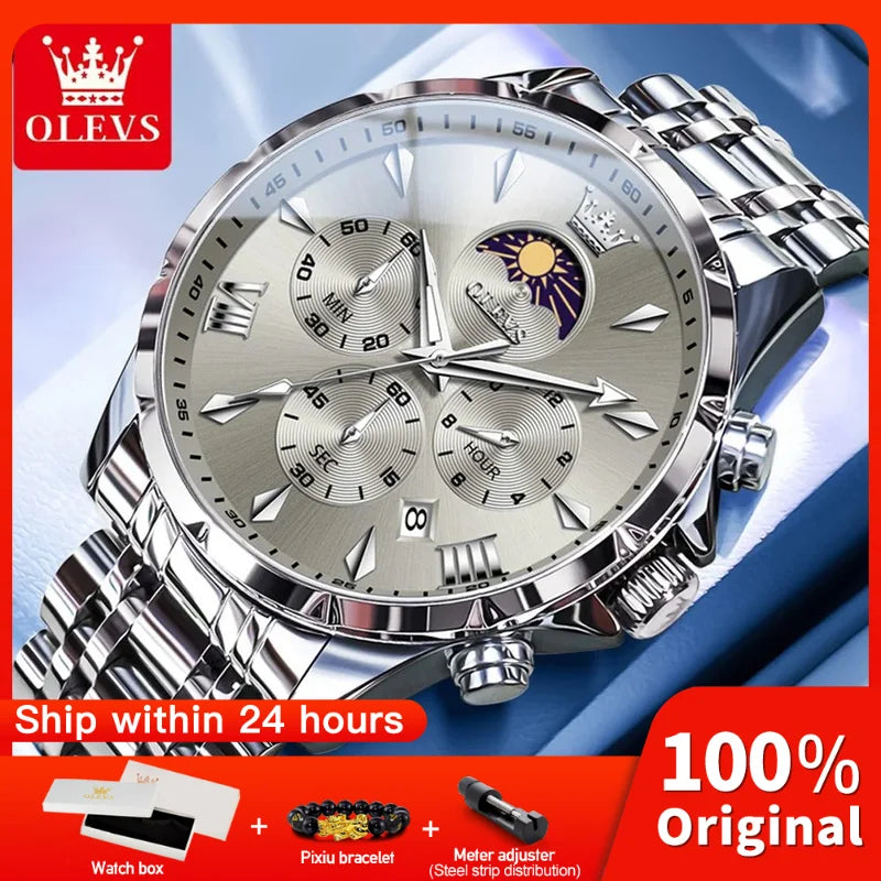 OLEVS 3653 Men’s Quartz Chronograph Watch  Moon Phase, Luminous, Date Display, Stainless Steel & 30M Waterproof