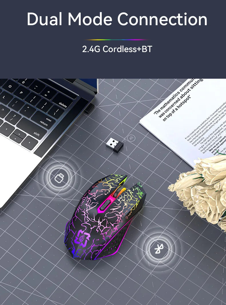 2.4GHz Bluetooth trådløs mus, genopladelig RGB-baggrundsbelysning, 1600 DPI, ergonomisk designet gamingmus til PC, laptop og Macbook