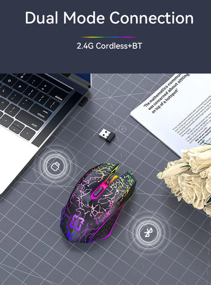 2.4GHz Bluetooth trådløs mus, genopladelig RGB-baggrundsbelysning, 1600 DPI, ergonomisk designet gamingmus til PC, laptop og Macbook
