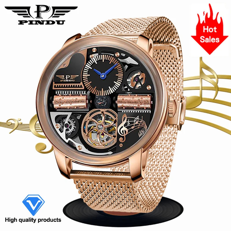2025 NEW PINDU Design Music Series Machinery Watch Men Movement Stainless Steel Sapphire Glass Top Luxury Automatic Watch Hollow
