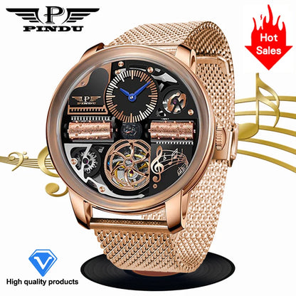 2025 NEW PINDU Design Music Series Machinery Watch Men Movement Stainless Steel Sapphire Glass Top Luxury Automatic Watch Hollow