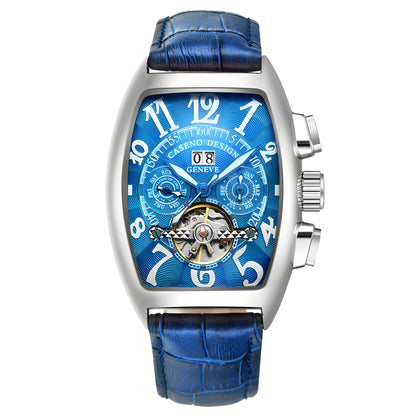 CASENO csúcsminőségű luxusmárka férfi teljesen automatikus mechanikus tourbillon karóra naptárral, éjszakai világítással, tonneau alakú, áttört karóra -577G