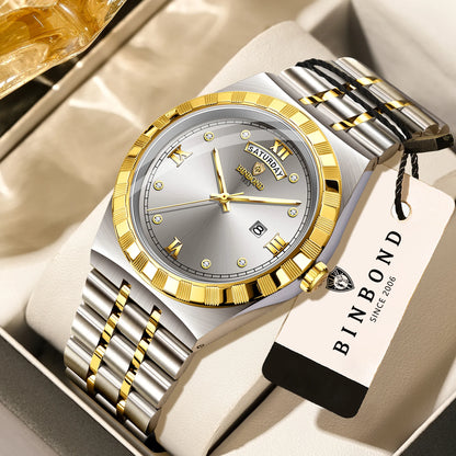 Relógio para homem da marca original BINBOND – Relógio de pulso de quartzo, modelo de luxo, estanque e luminescente.