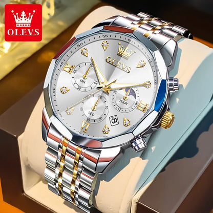 Montre homme OLEVS 3670, élégante, à phase de lune, à quartz, étanche, lumineuse, automatique, date, en acier inoxydable