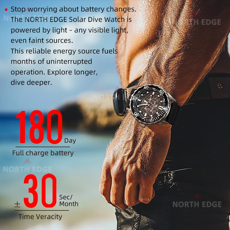 NORTH EDGE NEW+ TRITON-TI titán napelemes búváróra, luxus kvarc karóra férfiaknak, 300 m vízállóság, 180+ napos üzemidő