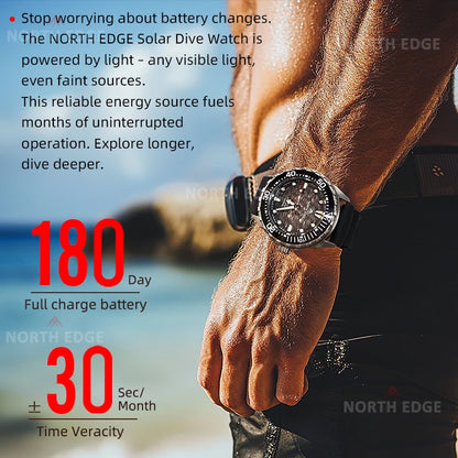 NORTH EDGE NEW+ TRITON-TI titán napelemes búváróra, luxus kvarc karóra férfiaknak, 300 m vízállóság, 180+ napos üzemidő