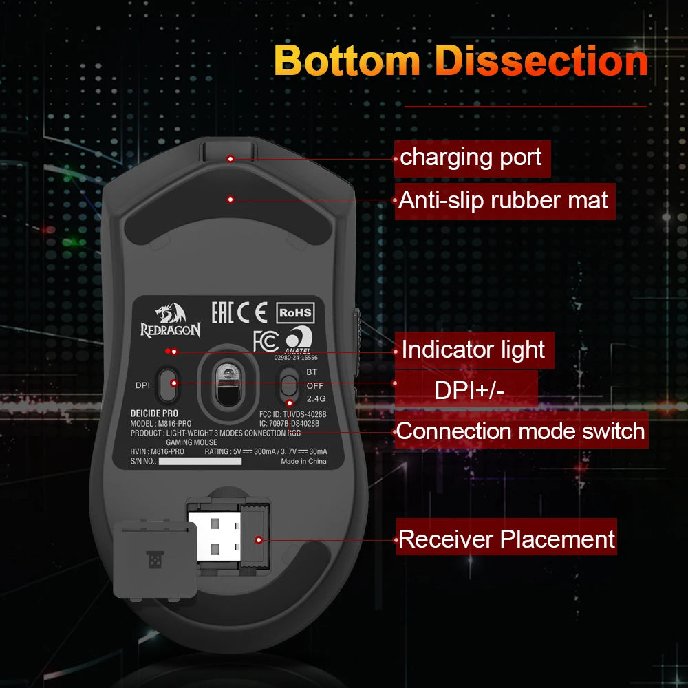 REDRAGON DEICIDE M816 PRO RGB USB gaming miš s podrškom za Bluetooth i 2.4G bežično povezivanje, 26000 DPI, 6 tipki, za gamere, žičani miš za računalo