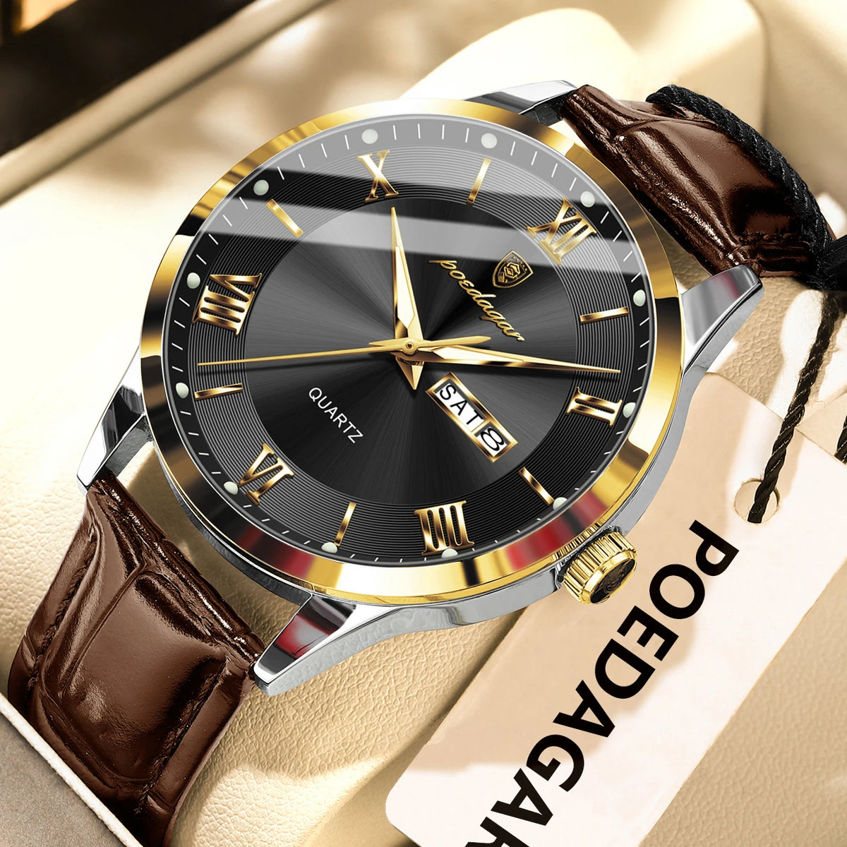 Trendy POEDAGAR men’s watch, leather strap, date and day display, luxury quartz watch, water-resistant, luminous, casual business style.