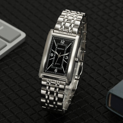 BERNY square men’s watch – Quartz movement, Roman numeral dial, luminescent display, 316L stainless steel case – An elegant and casual rectangular watch