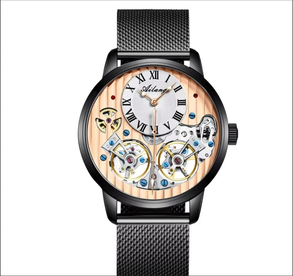 AILANG watch men's advanced expensive automatic mechanical watch Rome double tourbillon waterproof watch.