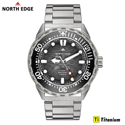 NORTH EDGE NEW+ TRITON-TI titán napelemes búváróra, luxus kvarc karóra férfiaknak, 300 m vízállóság, 180+ napos üzemidő