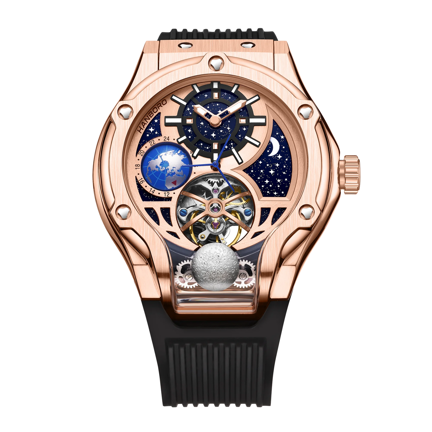 HANBORO Rose Gold Starry Sky Hollow Flywheel Moon Phase Automatic Mechanical Watch Luxury Space Theme Sports Watch 980