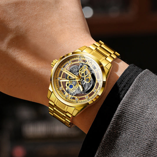 Orologio da polso vintage al quarzo traforato BINBOND da uomo, luminescente, impermeabile, preciso e resistente, in stile casual.