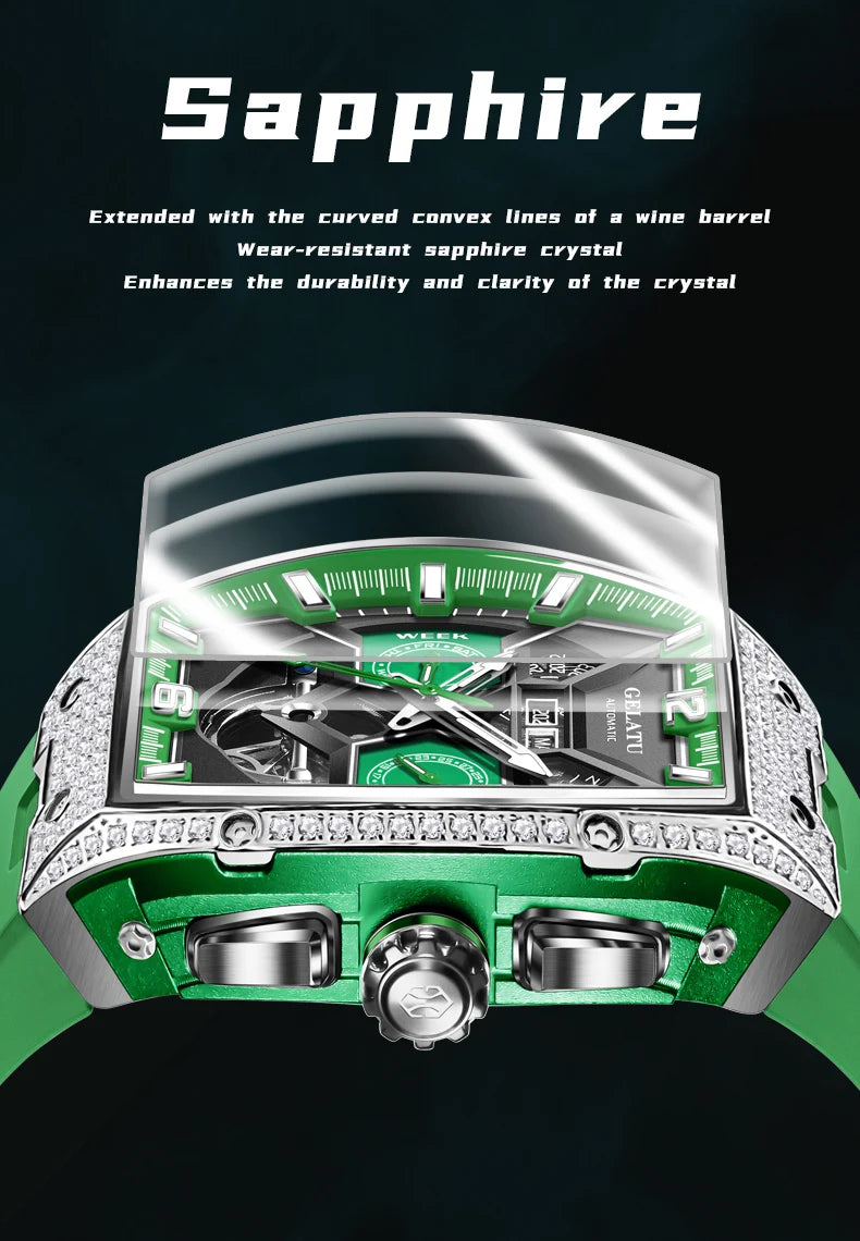 GELATU 6016 High-End Full Diamond Automatic Mechanical Watch for Men Multifunction Hollow Silicone Strap Men's Wristwatches