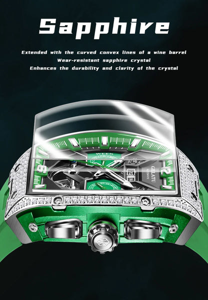 GELATU 6016 High-End Full Diamond Automatic Mechanical Watch for Men Multifunction Hollow Silicone Strap Men's Wristwatches