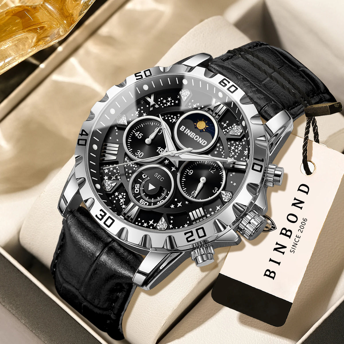 Montre-bracelet à quartz BINBOND authentique et précise pour homme, chronographe lumineux étanche de luxe avec bracelet en cuir.