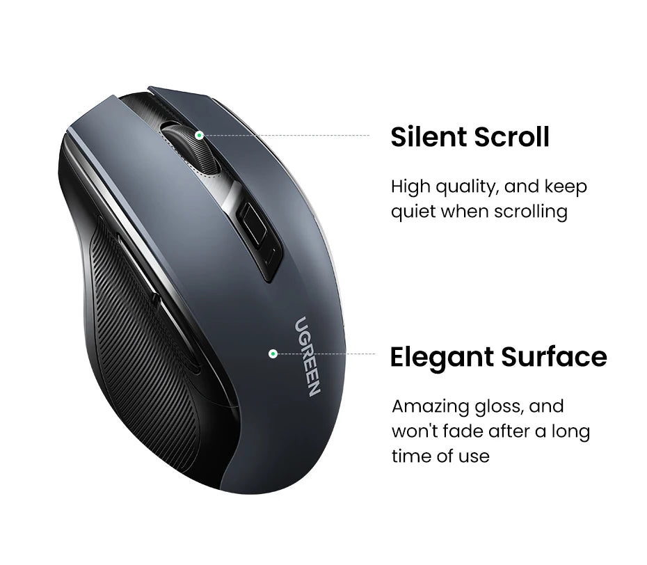 Mysz bezprzewodowa UGREEN Bluetooth 5.0, ergonomiczna, 4000DPI, 6 cichych przycisków, do MacBooka, tabletu, laptopów, komputera PC, 2.4G