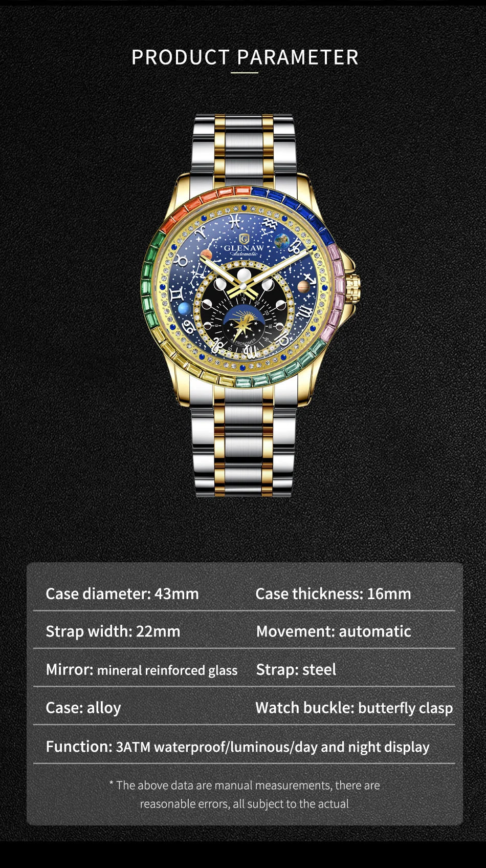 GLENAW Watches Original Design Diamond Constellation Rotating Dial Stainless Steel Luxury Men's Automatic Mechanical Watch P8719