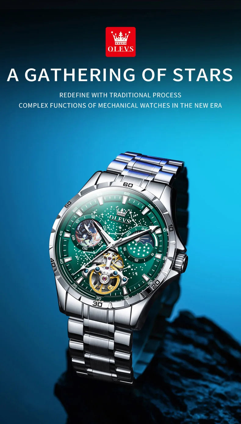 OLEVS Men’s Flywheel Skeleton Automatic Watch Starry Sky Dial, Luminous Mechanical Movement & Waterproof Business Wristwatch