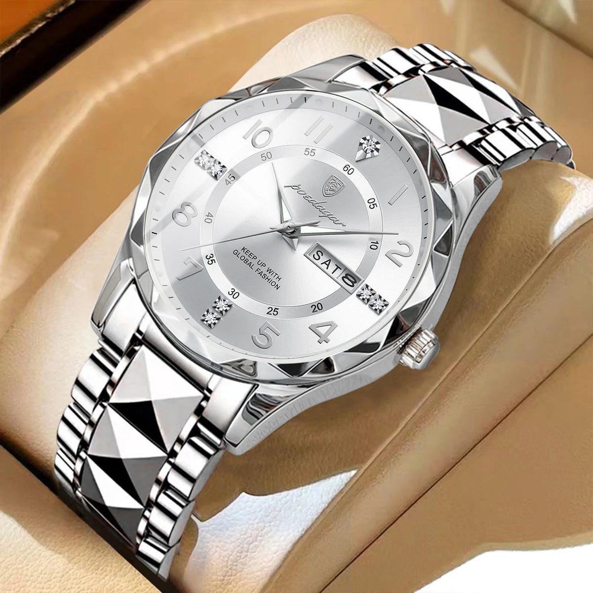 Męski zegarek POEDAGAR Fashion Luxury, wodoodporny, podświetlany, z mechanizmem kwarcowym, bransoletą ze stali nierdzewnej, datownikiem i wskaźnikiem dnia tygodnia, w stylu casualowym.