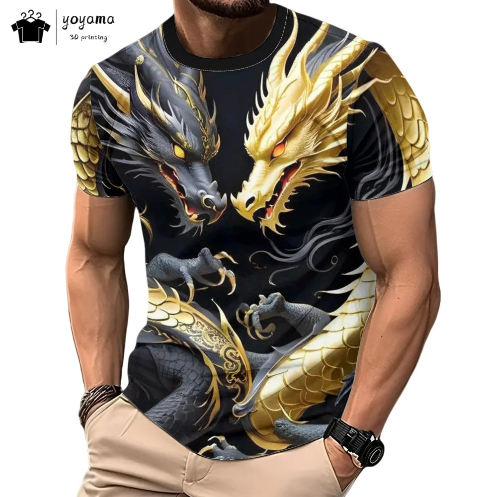 Herren-T-Shirt mit Drachenmuster, kurzärmeliges Fashion-Streetwear-Shirt, Rundhals-Top mit trendigem 3D-Tierprint, locker und vielseitig, Herrenbekleidung