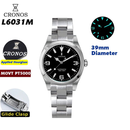 Cronos EX Diver Mechanical Men Watch 39mm Automatic PT5000 / Miyota 90S5 Sapphire Glass Bushed Bracelet Glide Clasp 10ATM L6031