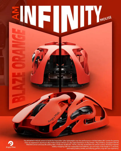 Angry Miao Infinity Gaming Wireless Mouse Hot-Swappable Metal Ultralight Hollow PAW3950 Dual 8K Wired Tri-Mode Orange