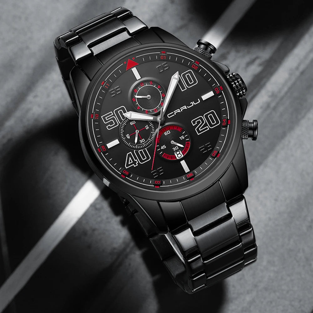 CRRJU men’s watch – Luxury chronograph, large dial, stainless steel, water-resistant, with date display
