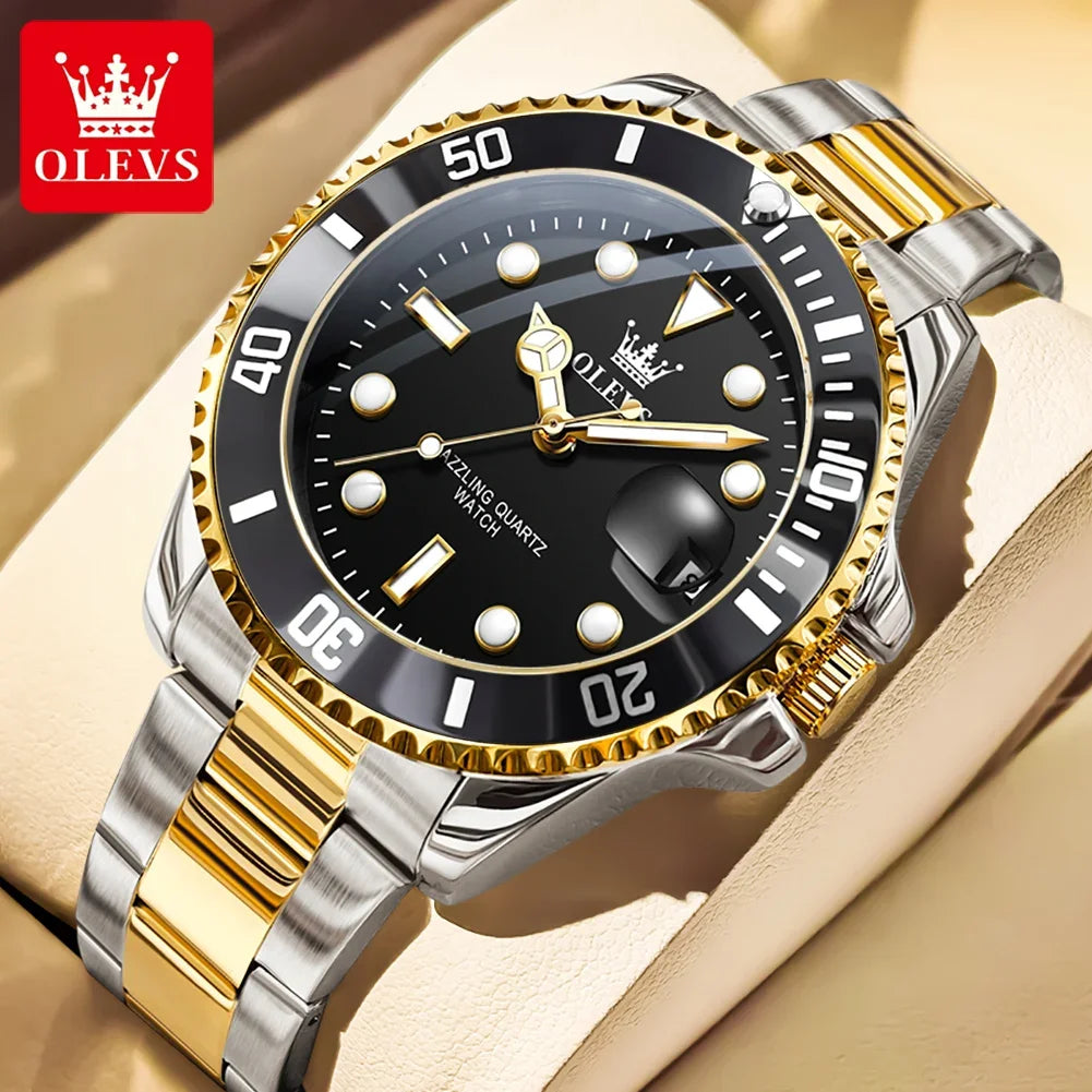 Montre pour homme OLEVS 5885 – Modèle authentique, bracelet en acier, calendrier, mouvement à quartz, livrée dans un coffret cadeau de luxe