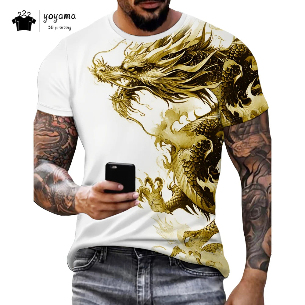 Herren-T-Shirt mit Drachenmuster, kurzärmeliges Fashion-Streetwear-Shirt, Rundhals-Top mit trendigem 3D-Tierprint, locker und vielseitig, Herrenbekleidung