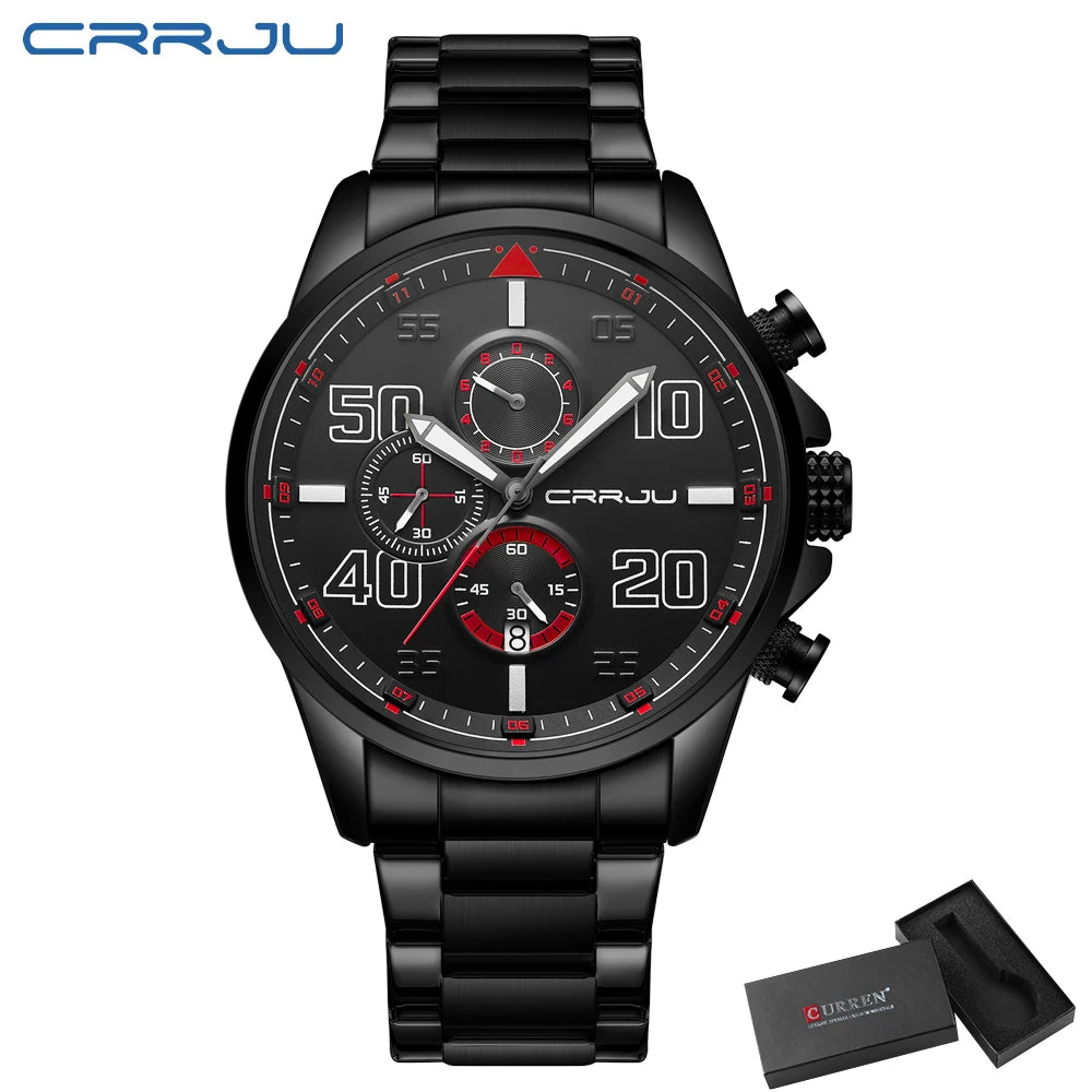 CRRJU men’s watch – Luxury chronograph, large dial, stainless steel, water-resistant, with date display