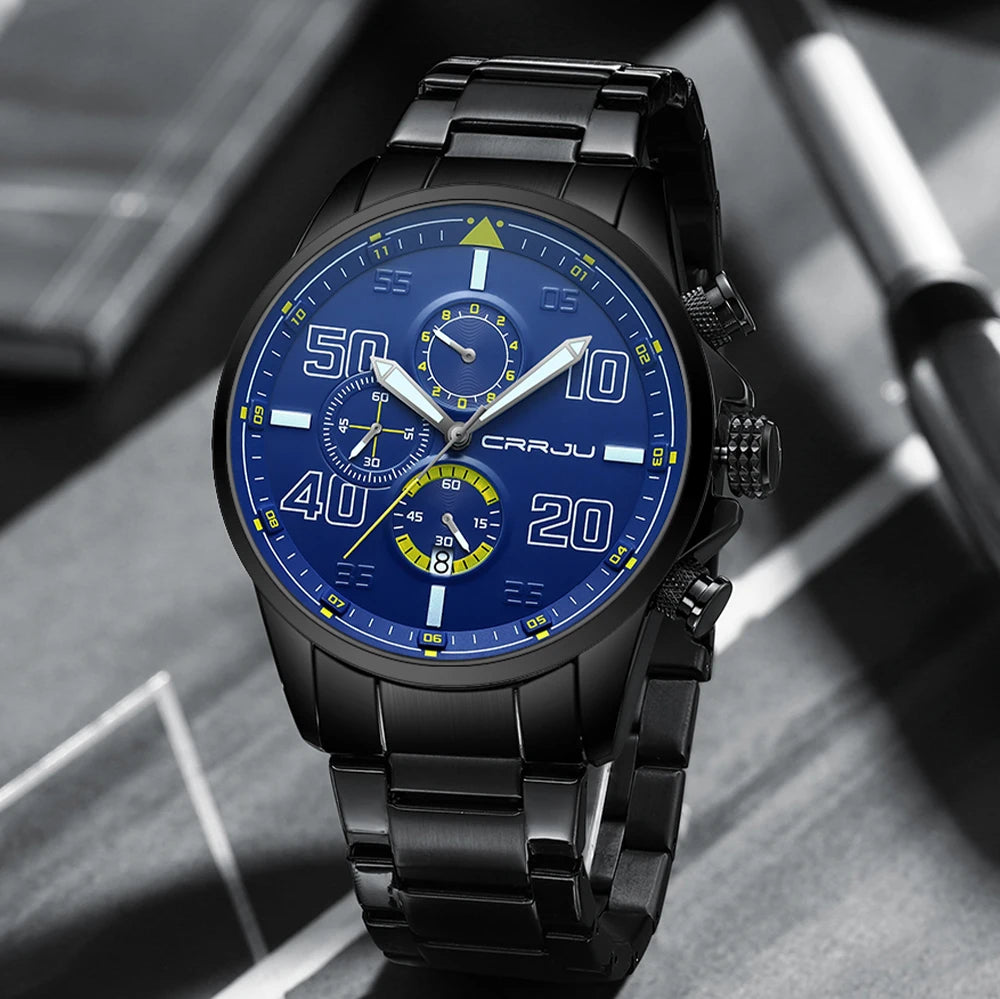 CRRJU men’s watch – Luxury chronograph, large dial, stainless steel, water-resistant, with date display