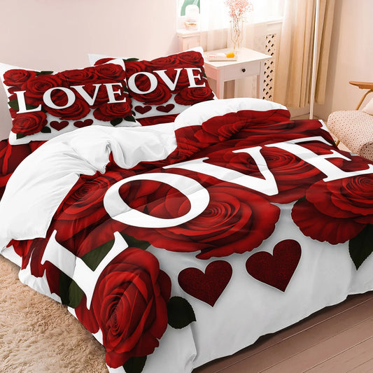 3Pcs Romantic Love Letter Red Rose Flower Pattern Bedding Set Included 1 Duvet Cover & 2 Pillowcases For Home Dorm Hotel Decor