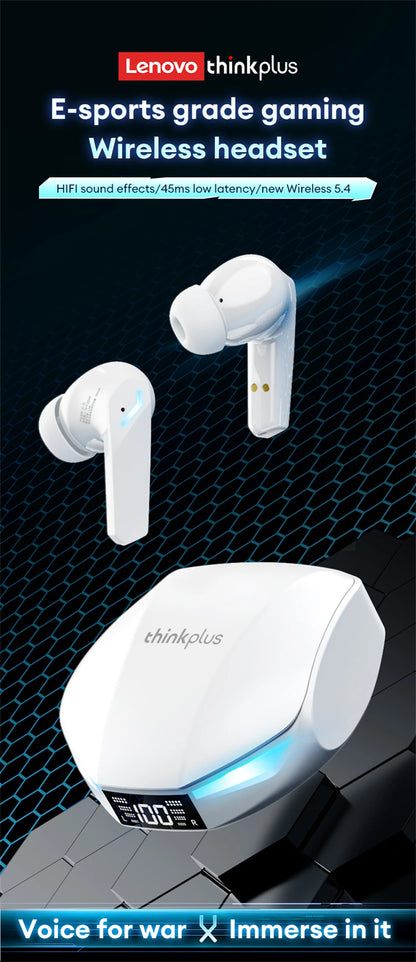 Lenovo XT53 Wireless Bluetooth 5.4 Gaming Earbuds – LED Display, Waterproof Noise Isolating Earphones with Low Latency & Microphone