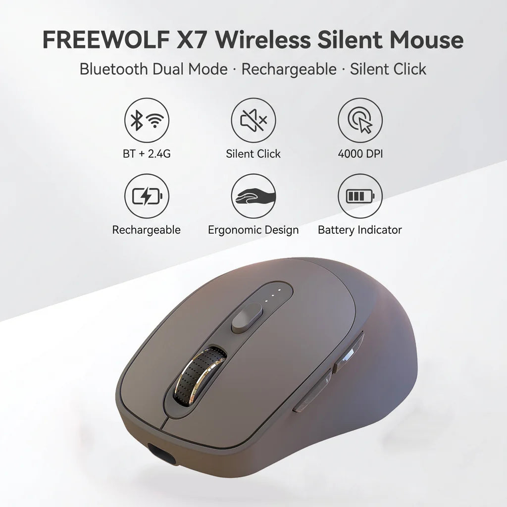 FREEWOLF X7 bezprzewodowa mysz Bluetooth 2.4G, dwutrybowa, cicha, akumulatorowa, 4000DPI, wskaźnik baterii, ergonomiczna, do PC, Mac i laptopa