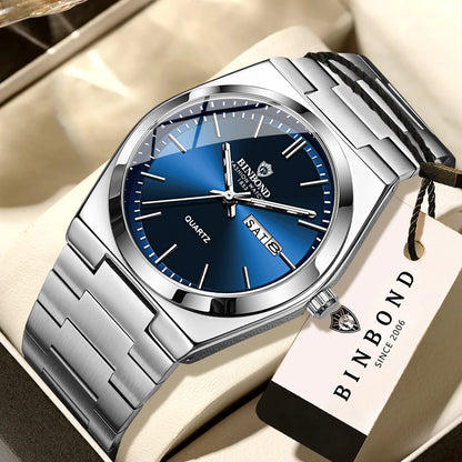 BINBOND luxury quartz wristwatch, luminous, water-resistant, day of the week, automatic date, steel bracelet, business, sport, fashion and casual styles.