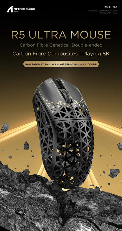 Ratón gaming inalámbrico ATTACK SHARK R5 ULTRA - sondeo 8K, sensor PAW3950MAX, 42,000 DPI, fibra de carbono ultraligera para esports profesionales